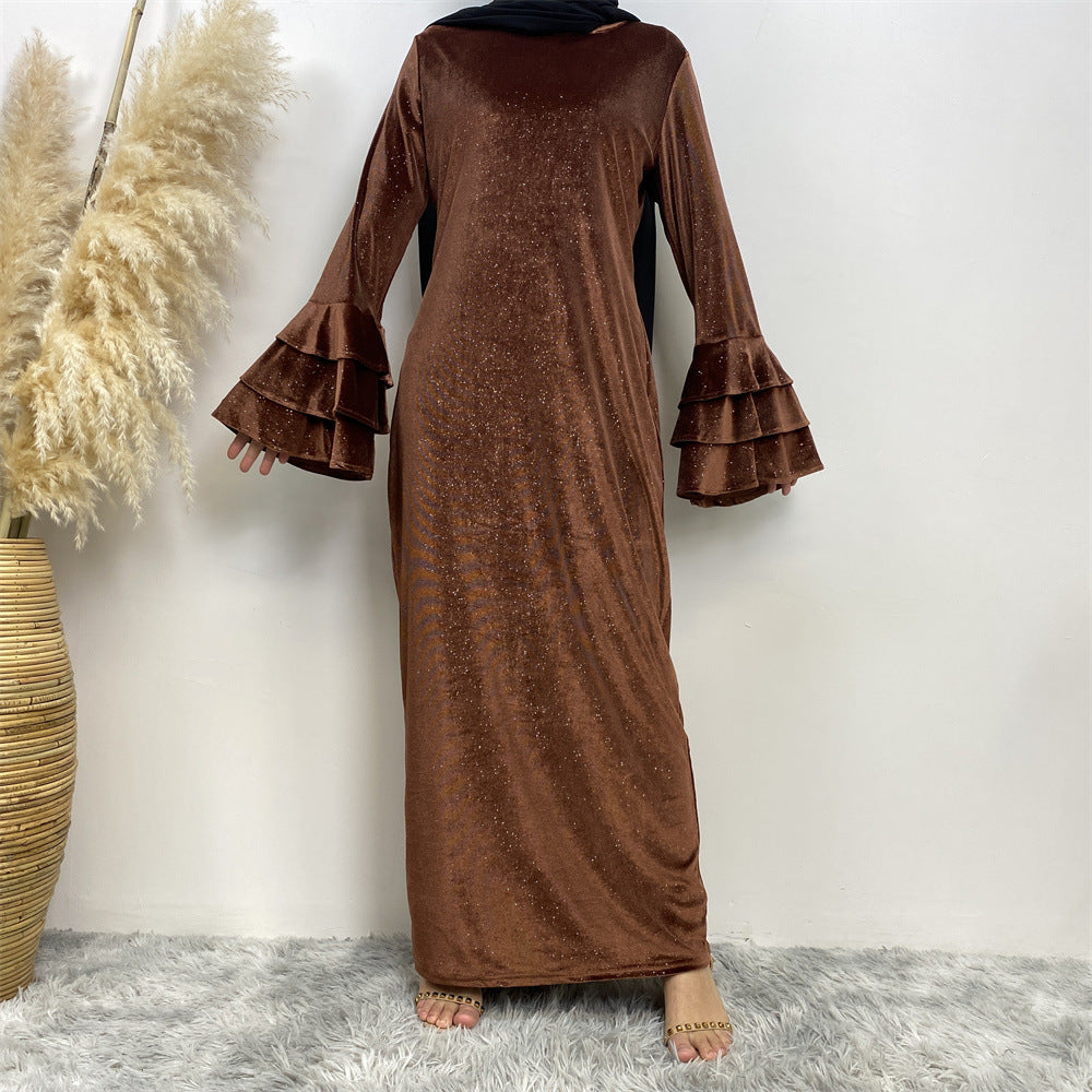 Modest Golden Velvet Flared Sleeve Dress