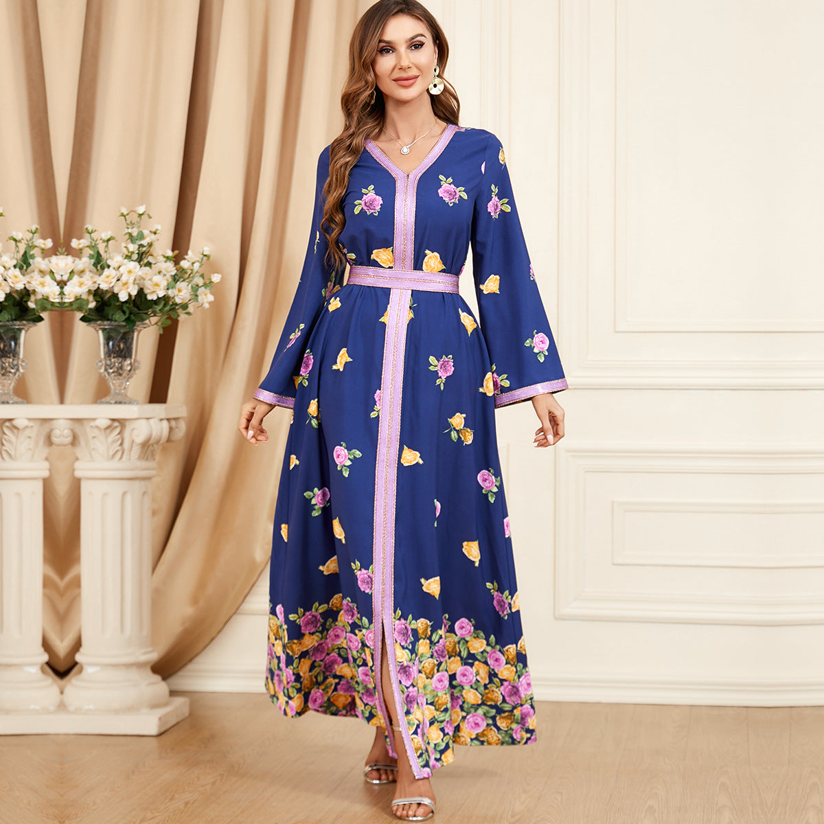 Arabic V-neck Floral Patterned Dress
