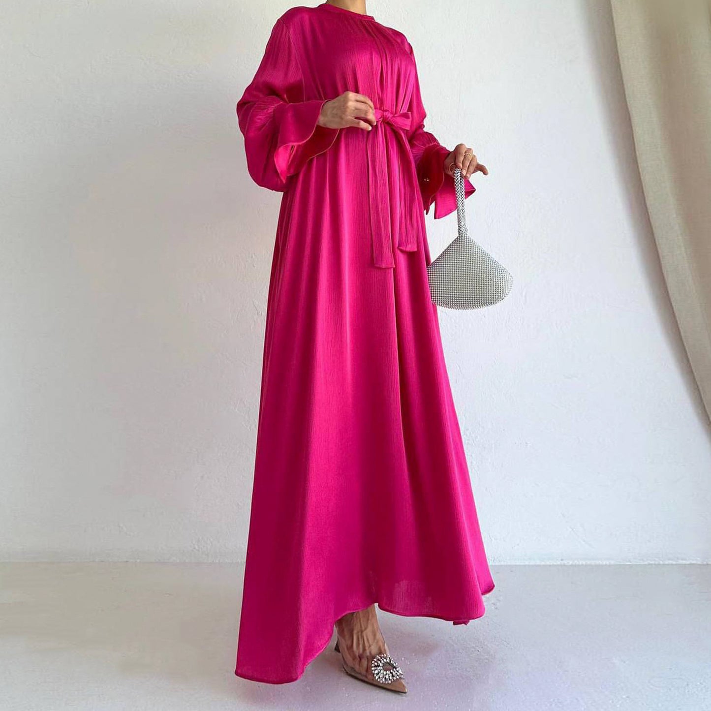 Women's Satin Waist Tie Elegant Abaya Dress