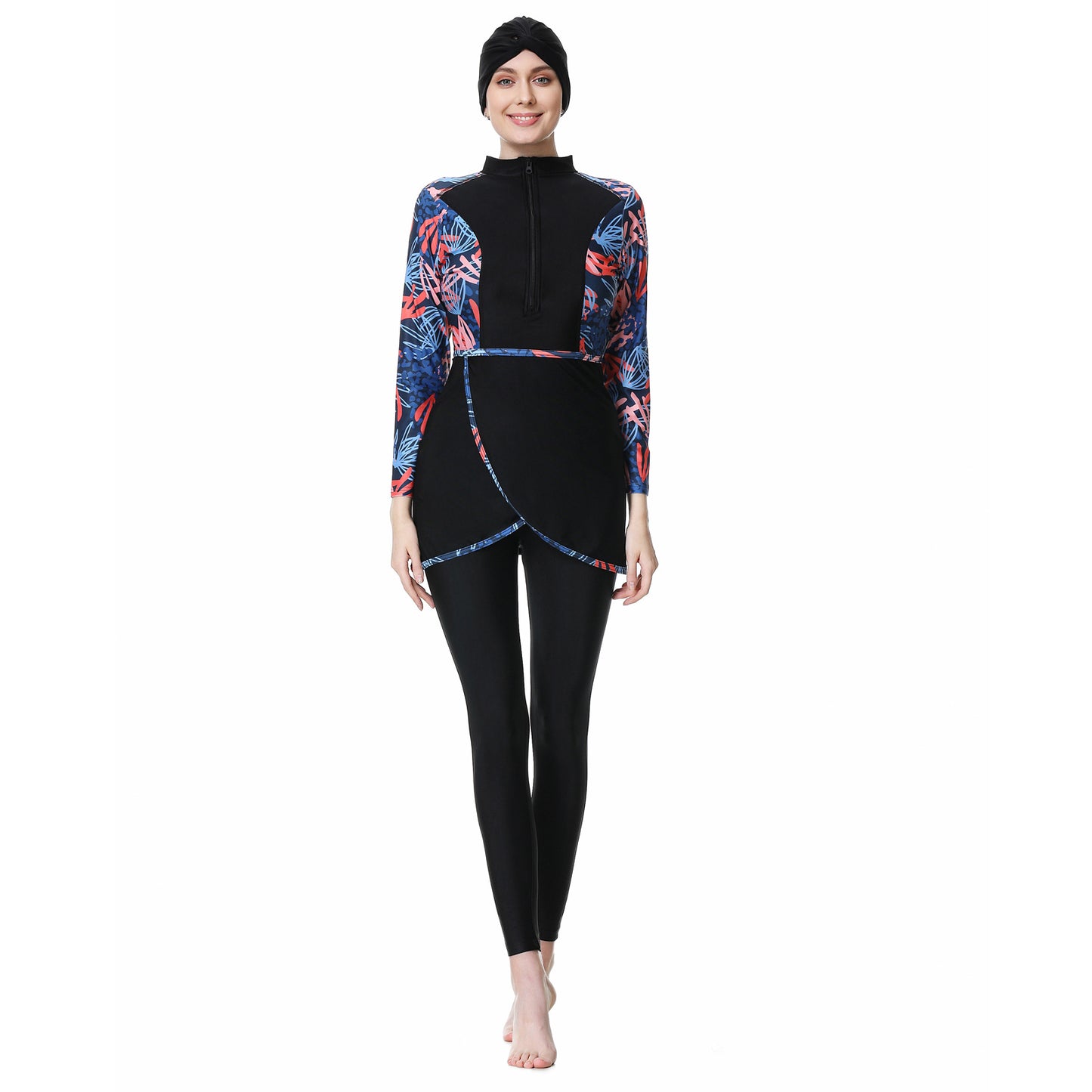 Printed Patchwork Pants + Top + Hat Three-piece Swimsuit Burkini