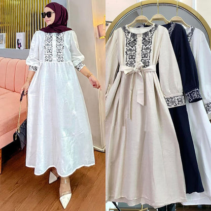 Women's Loose Cotton and Linen Embroidered Dress