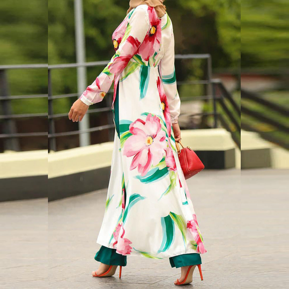 Women's Printed V-Neck Slit Dress And Pants Two-Piece Sets