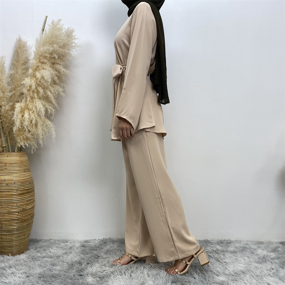 Women's Simple Wide-leg Pants with Lace-up Set