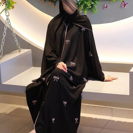 Bow Embroidered Cardigan Robe Open Abaya