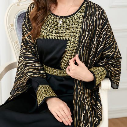 Women's Crew Neck Embroidered Gilded Long Sleeve Dress Two-piece Sets