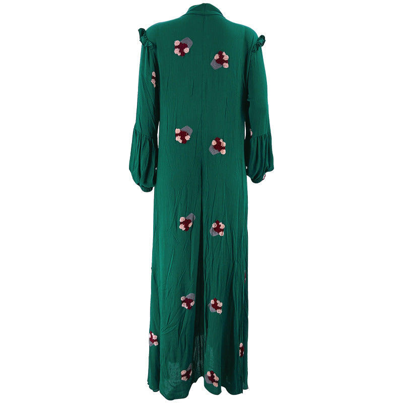 Embroidered Tie-necked Long-sleeved Elegant Dress