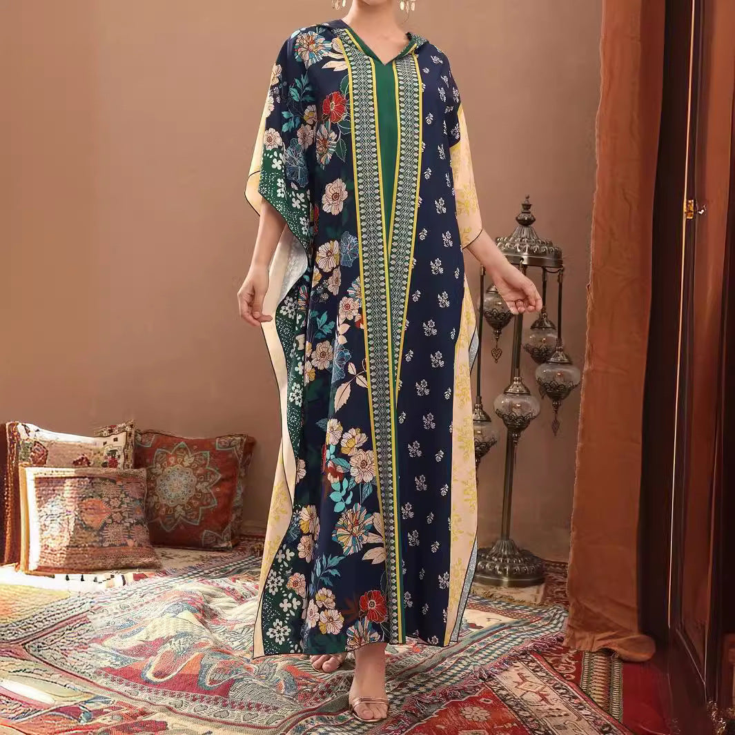 Women's Dolman Sleeve Hooded Print Kaftan Dress