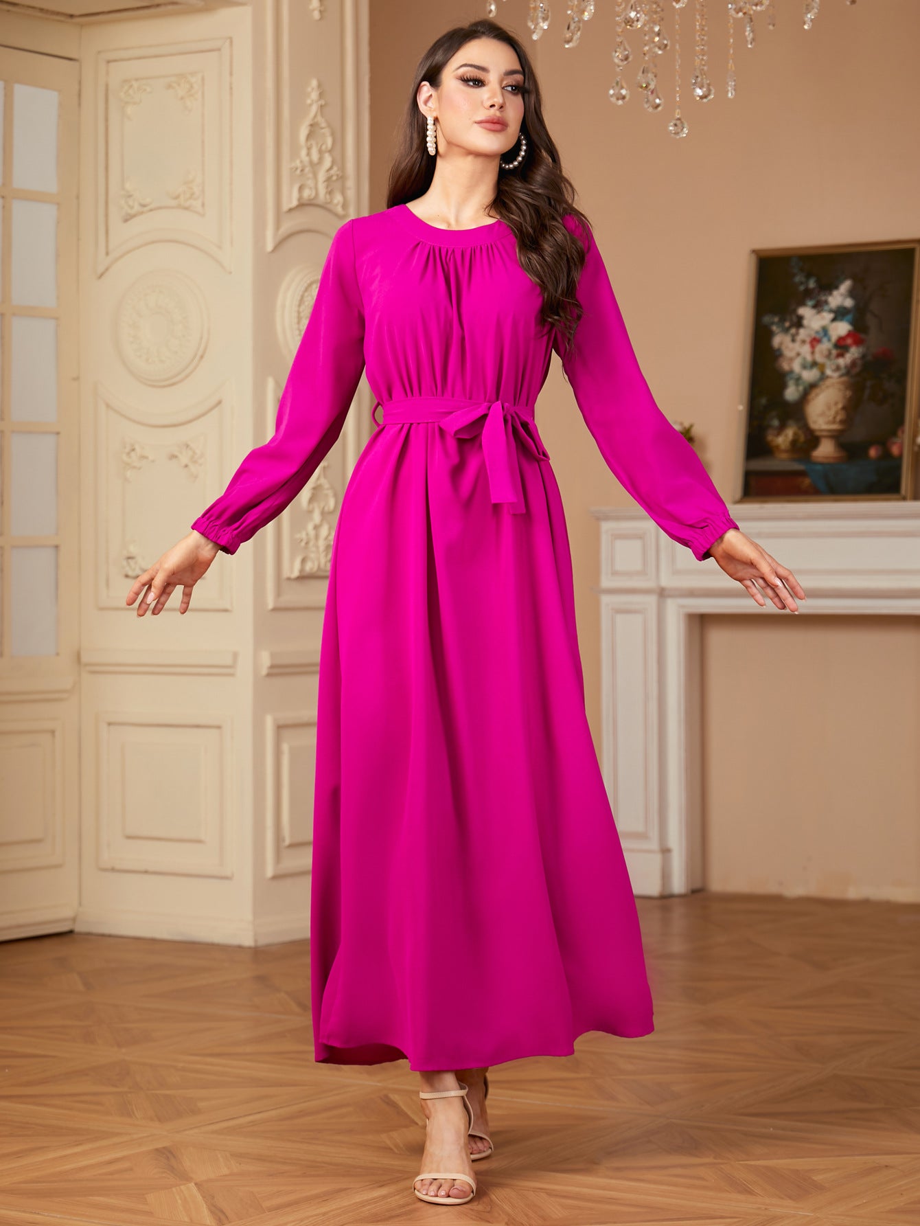 Slim-Fit Solid Color Dress Long Dress (With Belt)