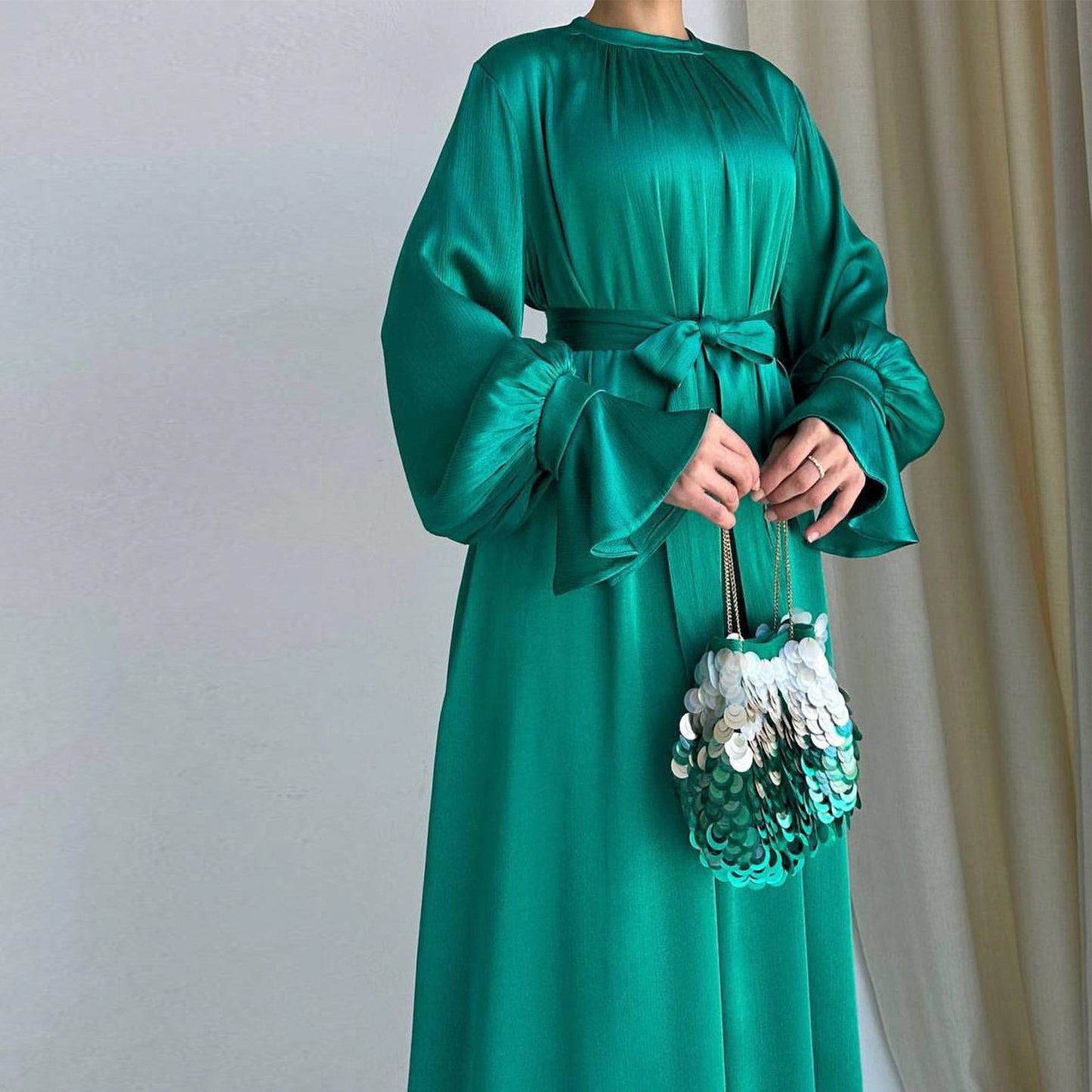 Women's Satin Waist Tie Elegant Abaya Dress