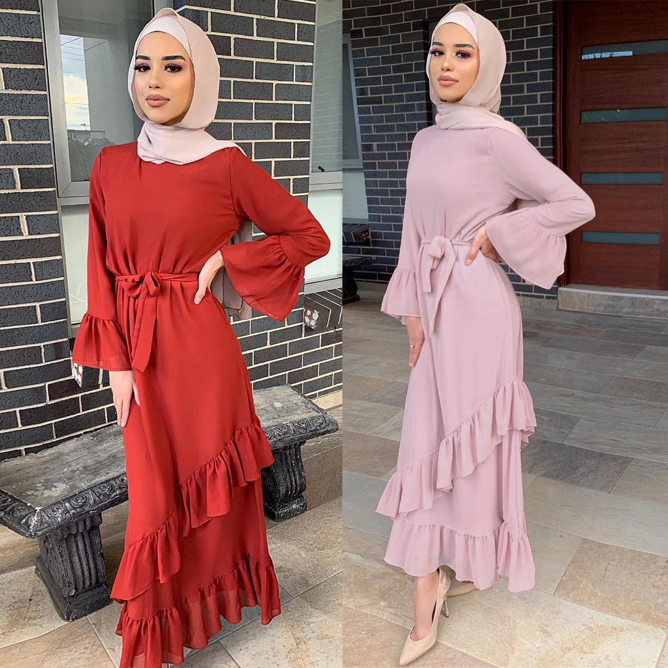 Plain Long Sleeve Ruffle Abaya Dress