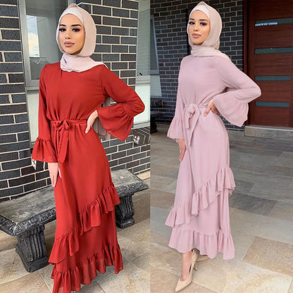 Plain Long Sleeve Ruffle Abaya Dress