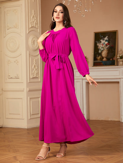 Slim-Fit Solid Color Dress Long Dress (With Belt)