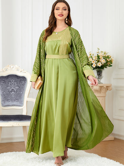 Women's Crew Neck Embroidered Gilded Long Sleeve Dress Two-piece Sets