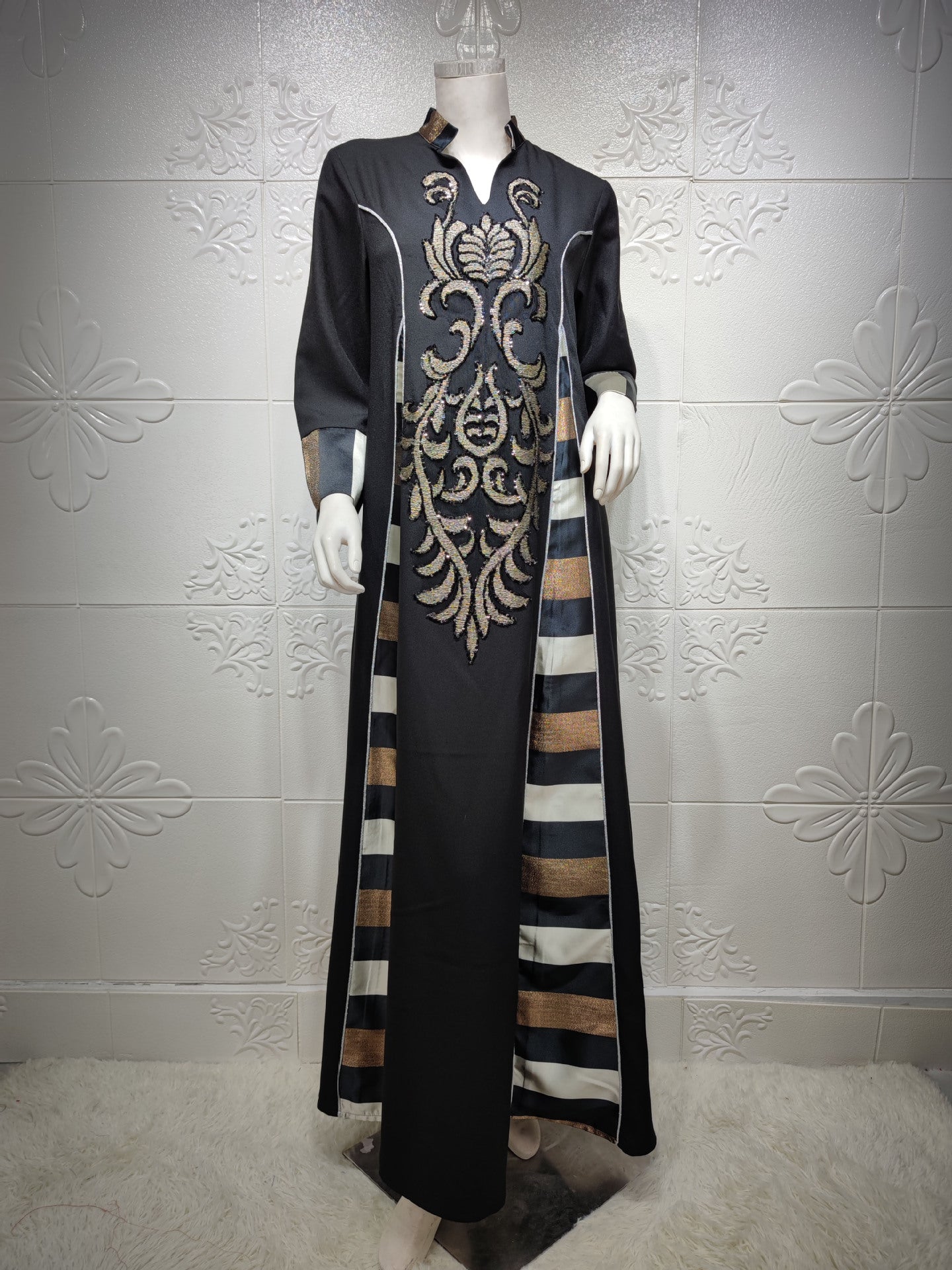 Women's Embroidered Striped Robe Dress