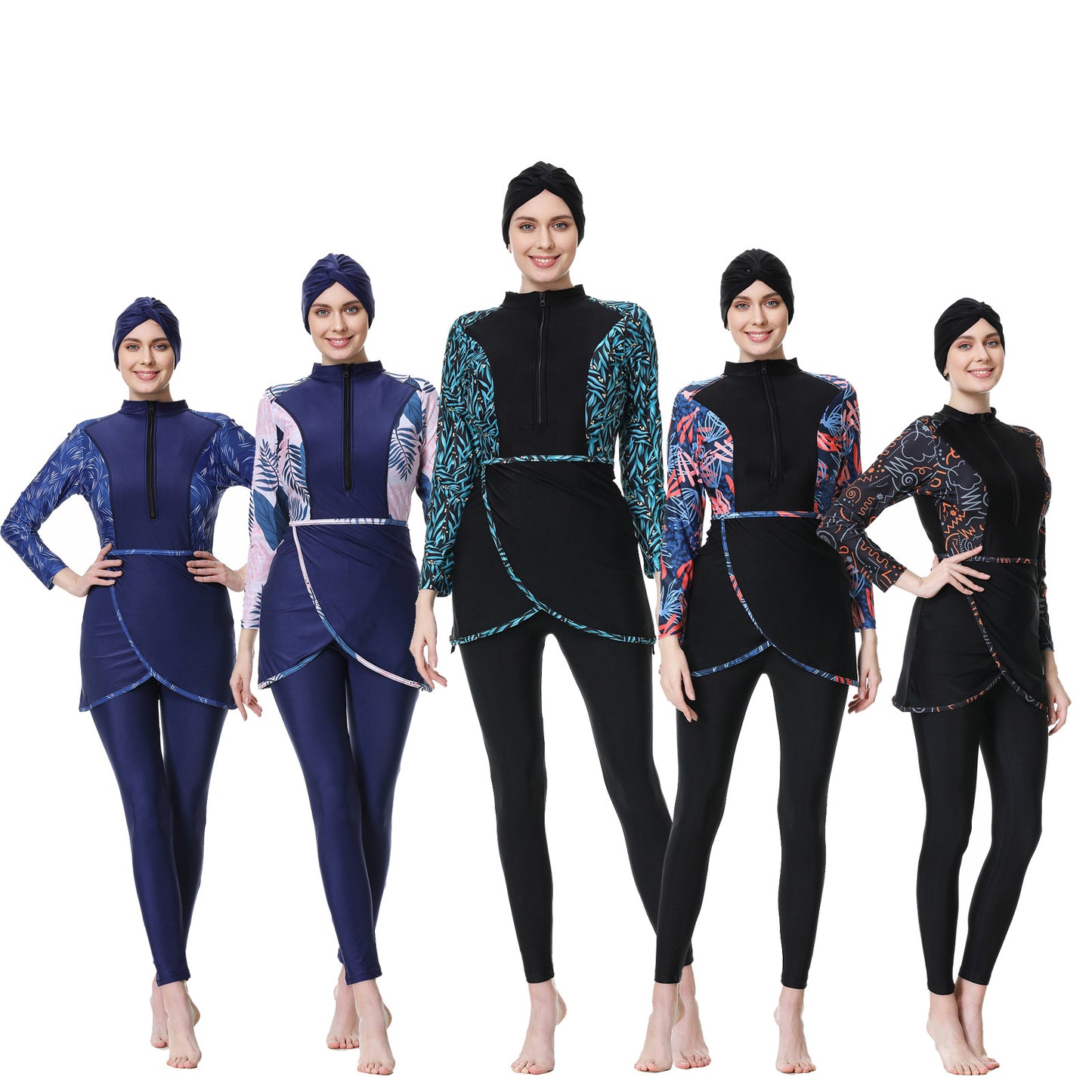 Printed Patchwork Pants + Top + Hat Three-piece Swimsuit Burkini