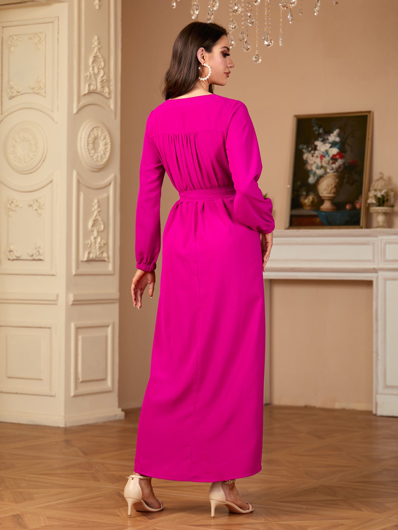 Slim-Fit Solid Color Dress Long Dress (With Belt)