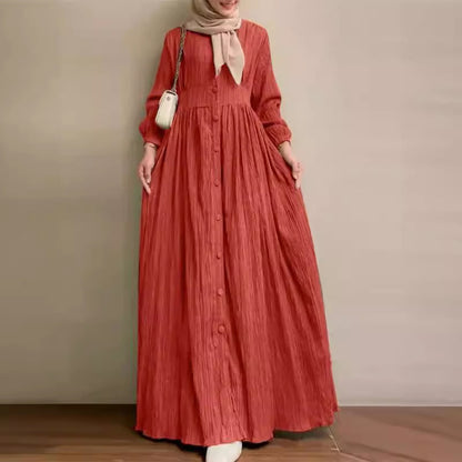 Women's Vintage Long-Sleeve Solid Color Dress