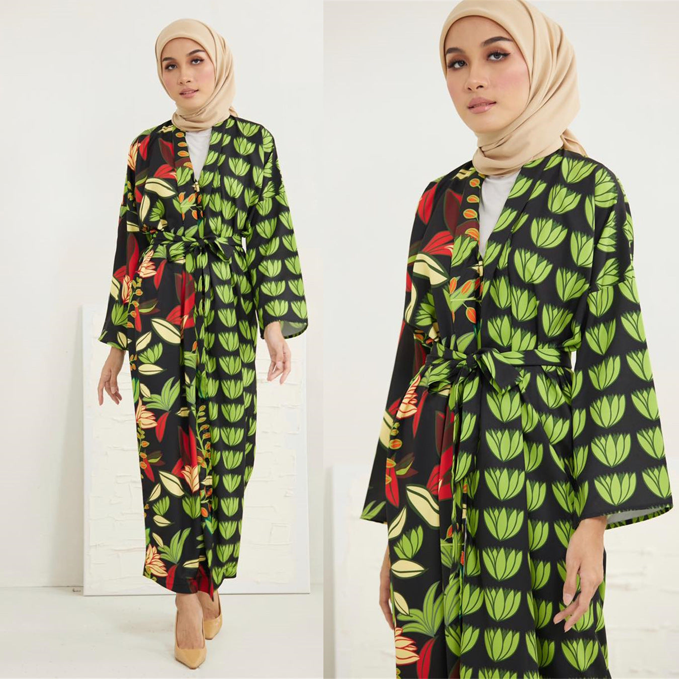 V-Neck Printed Cardigan Open Abaya Dress