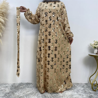 Sequin Fringed Crewneck Full Lining Maxi Dress