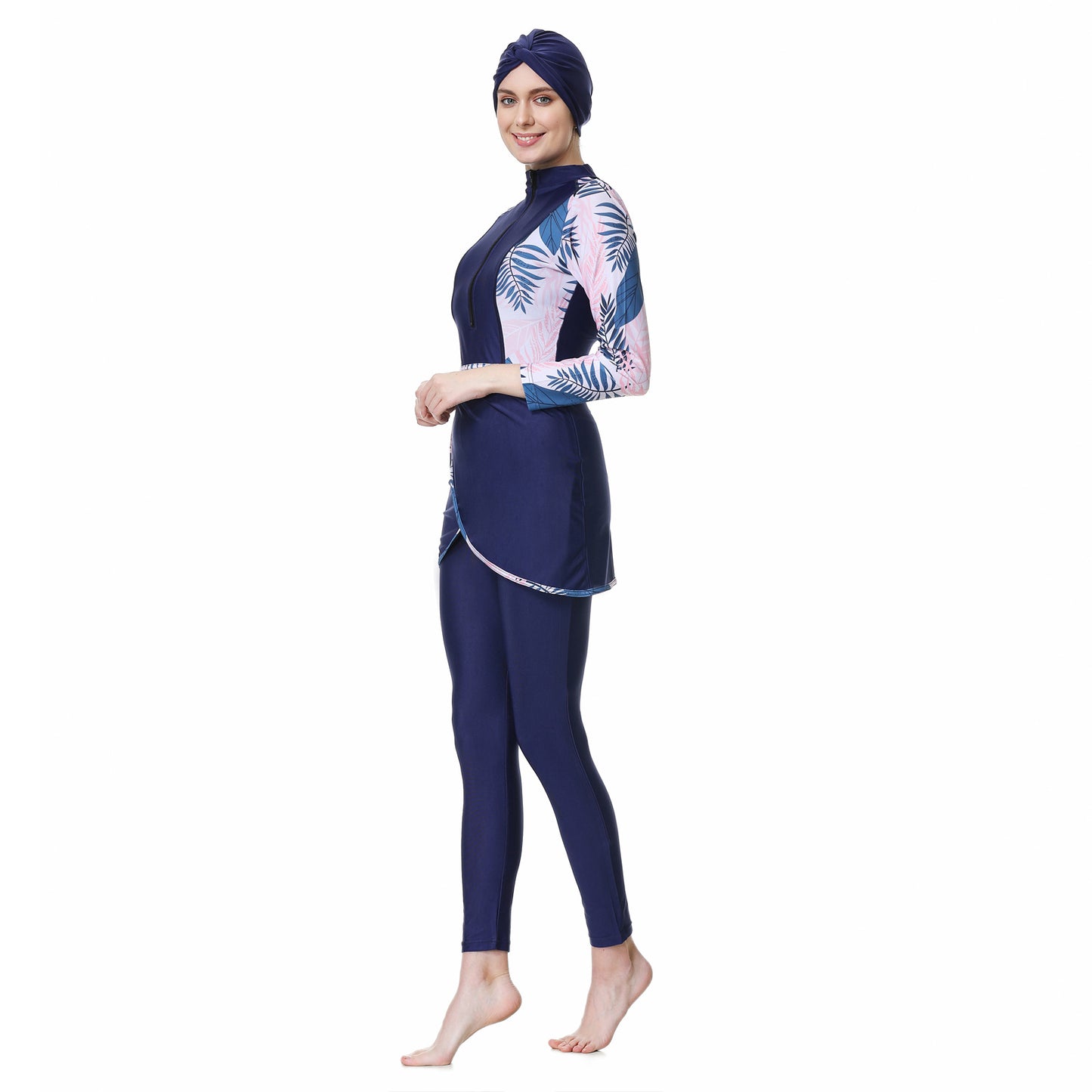 Printed Patchwork Pants + Top + Hat Three-piece Swimsuit Burkini