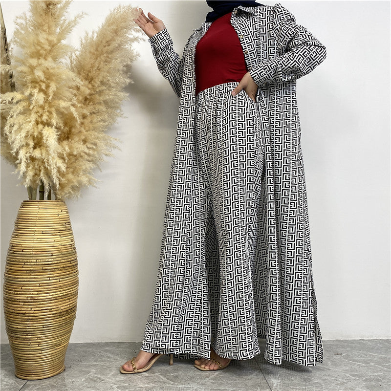 Printed Satin Button-down Robe+ Pocket Pants Two-piece Set