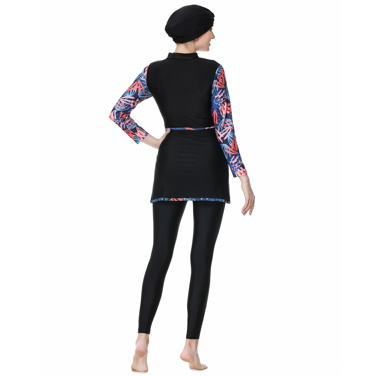 Printed Patchwork Pants + Top + Hat Three-piece Swimsuit Burkini