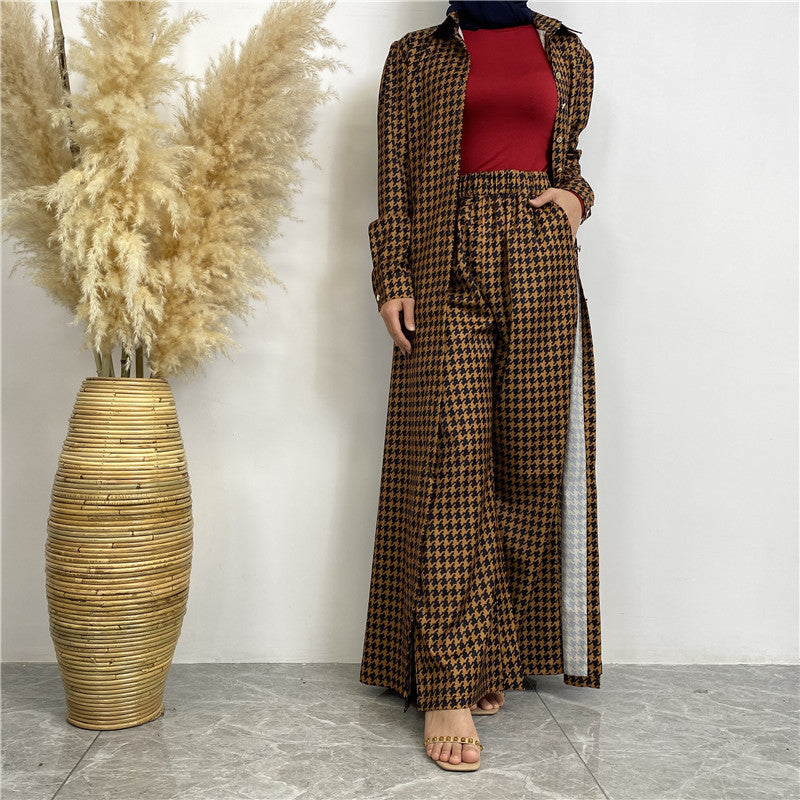 Printed Satin Button-down Robe+ Pocket Pants Two-piece Set