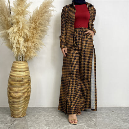 Printed Satin Button-down Robe+ Pocket Pants Two-piece Set