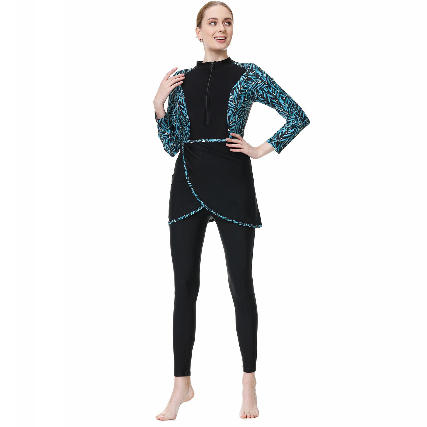 Printed Patchwork Pants + Top + Hat Three-piece Swimsuit Burkini