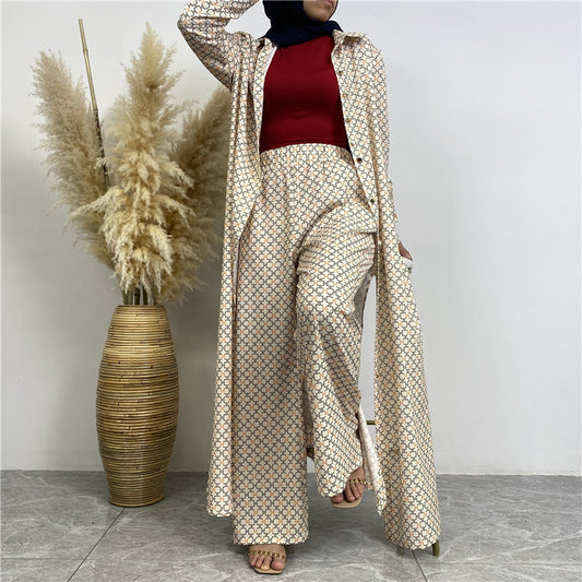 Printed Satin Button-down Robe+ Pocket Pants Two-piece Set