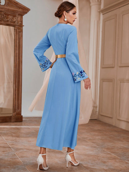 Women's V-neck Embroidered Slim Dress with Belt