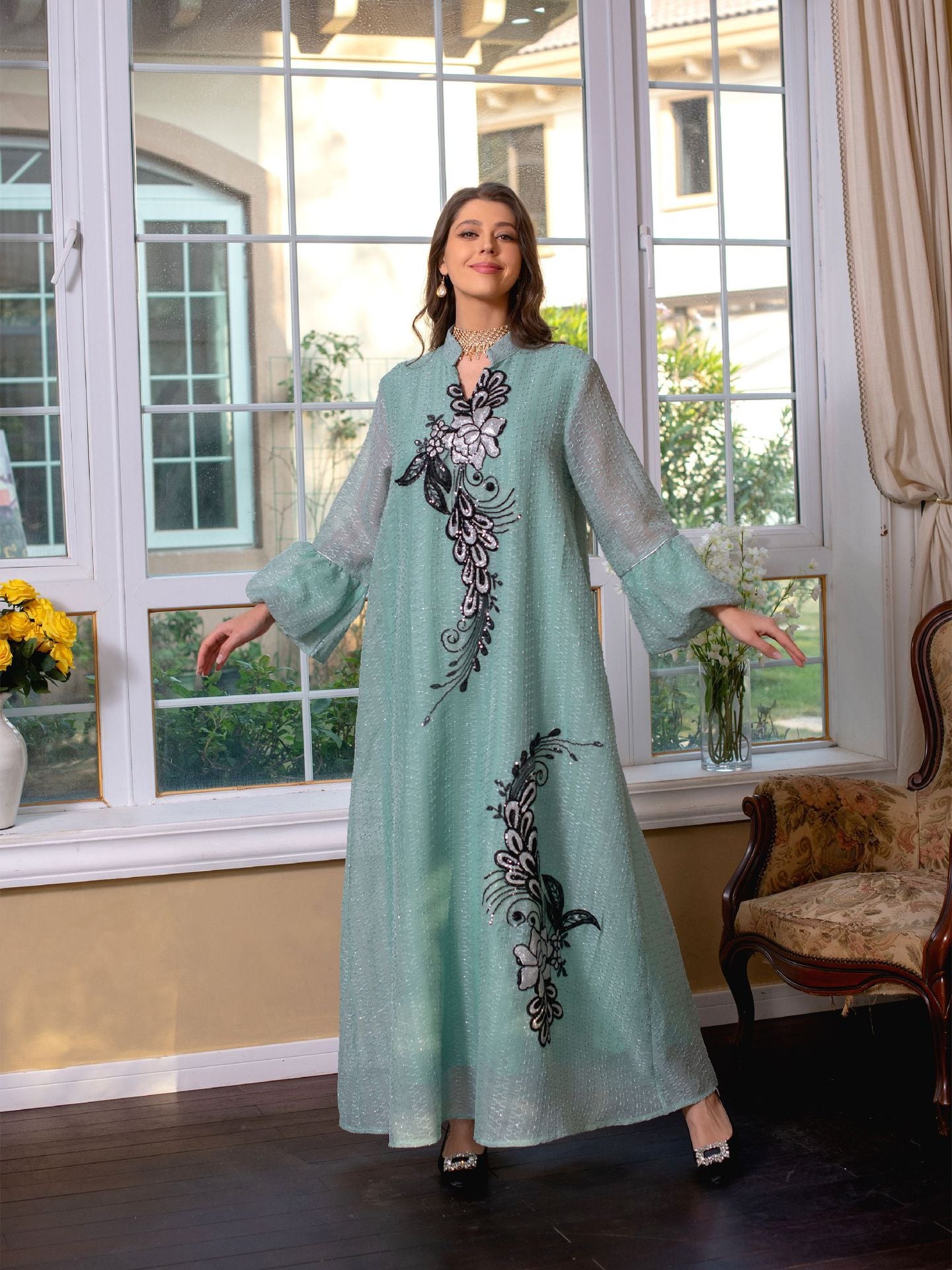 Floral Muslim Women's Embroidery Robe Dress