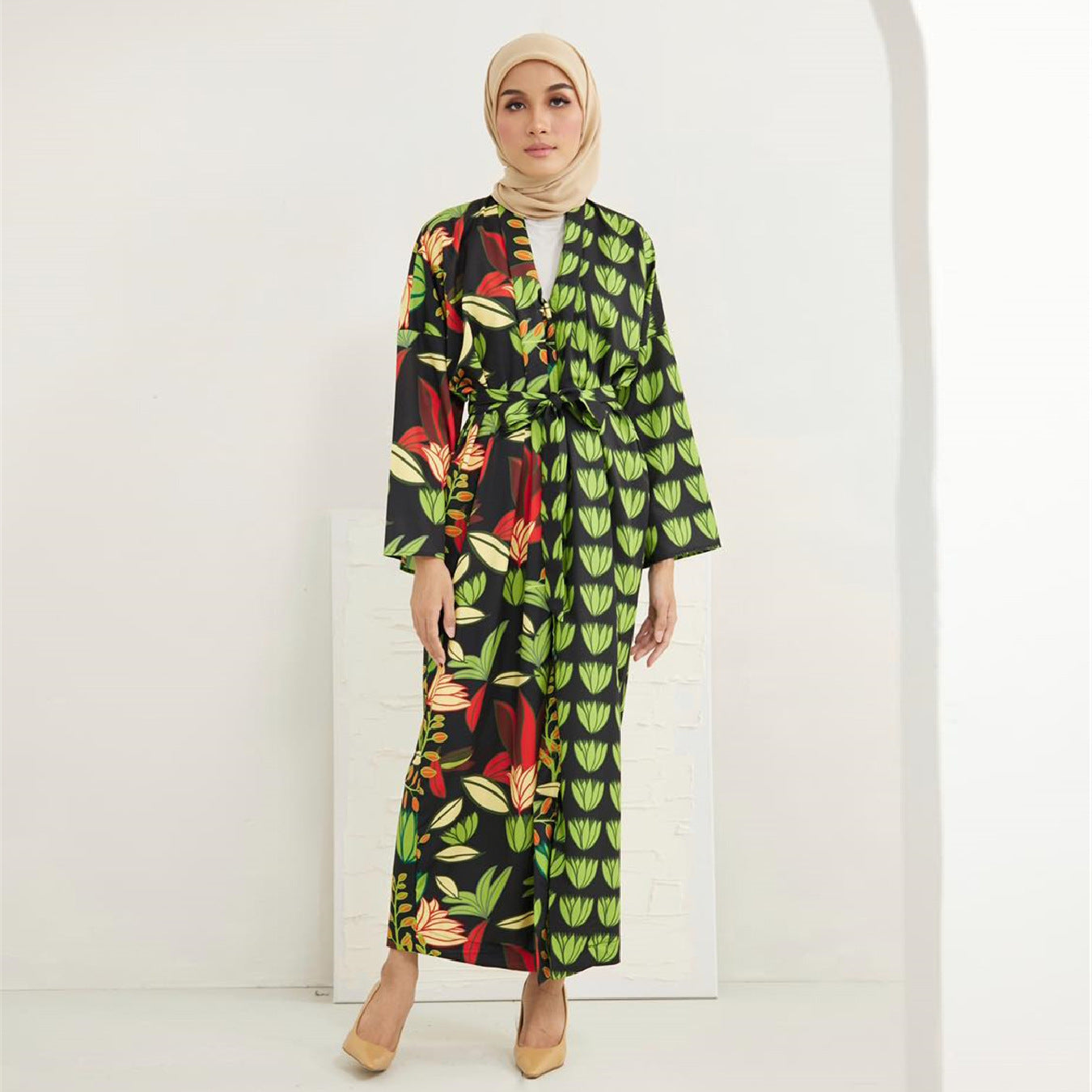 V-Neck Printed Cardigan Open Abaya Dress