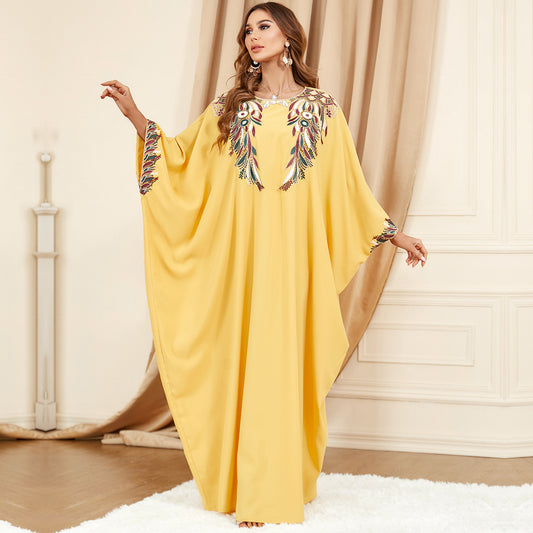 Yellow Bat Sleeve Loose Fashion Crew Neck Dress