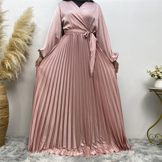 V-neck Patchwork Pleated Maxi Dress