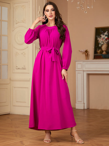 Slim-Fit Solid Color Dress Long Dress (With Belt)