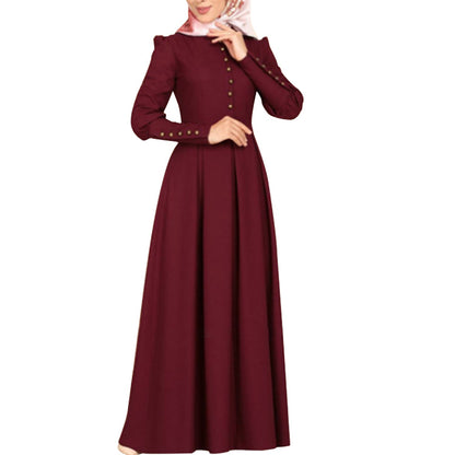 Women's Plain Button Vintage Ethnic Dress
