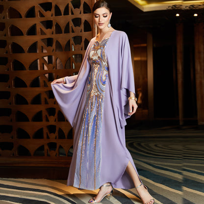 Sequin embroidered Cape Bat-shirt Abaya Party Dress