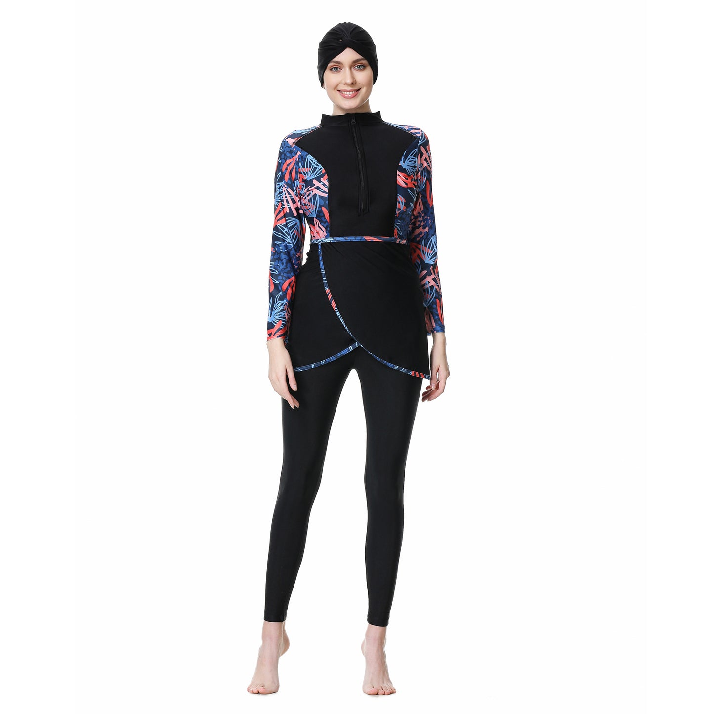 Printed Patchwork Pants + Top + Hat Three-piece Swimsuit Burkini