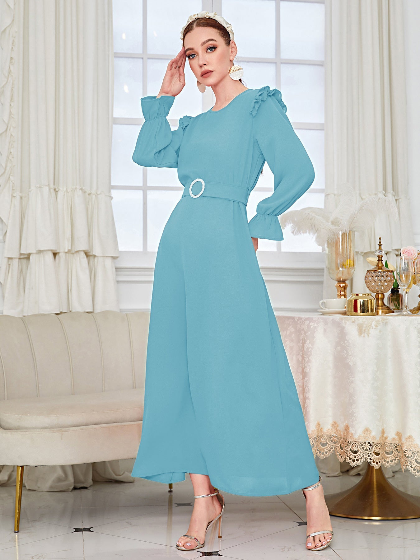 Elegant Solid Color Blue Abaya Dress