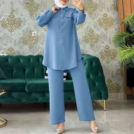 Plain Long-sleeved Shirt and Trousers Two-piece Sets