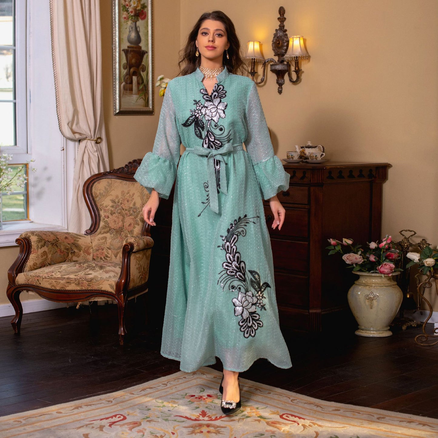 Floral Muslim Women's Embroidery Robe Dress