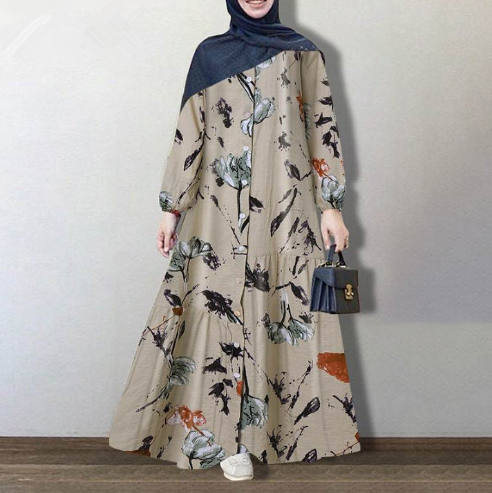 Printed Crewneck Puff Long Sleeve Loose Dress