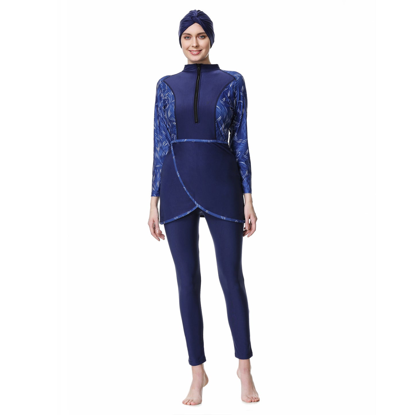 Printed Patchwork Pants + Top + Hat Three-piece Swimsuit Burkini