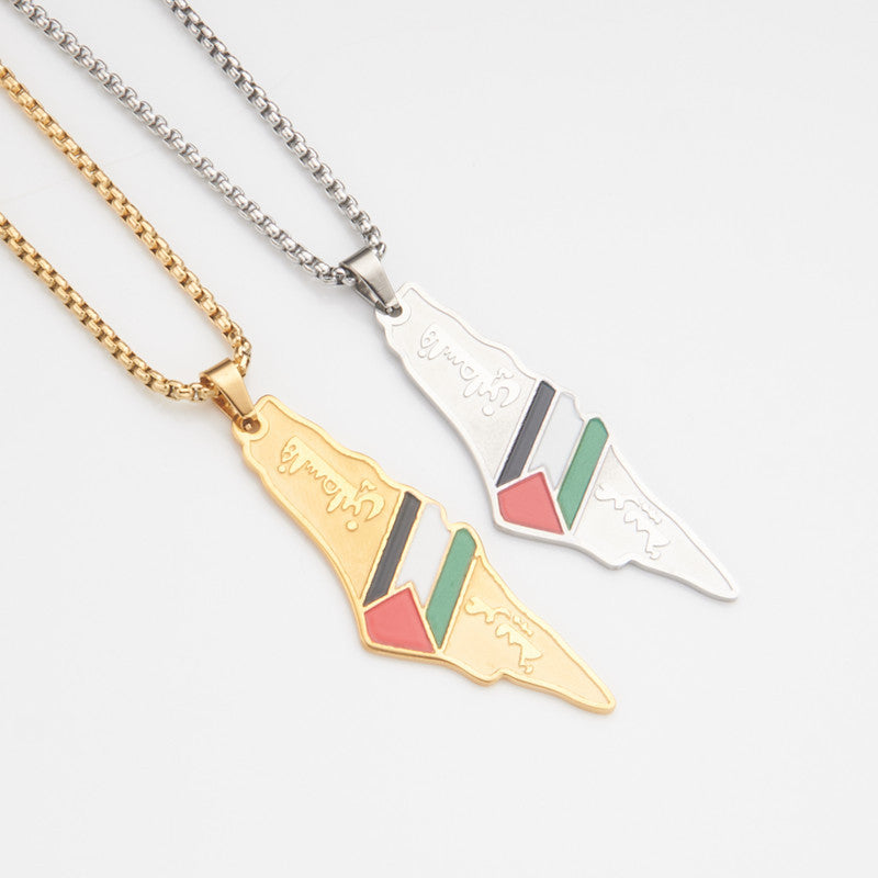 Stainless Steel Flag Map Pendant Necklace