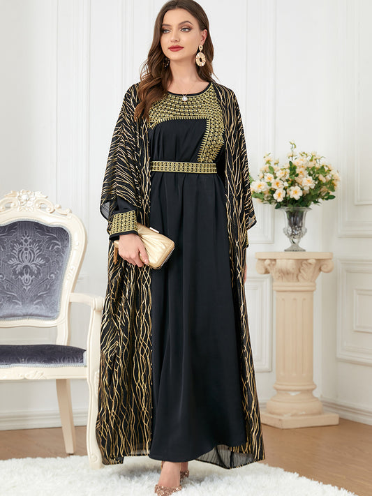 Women's Crew Neck Embroidered Gilded Long Sleeve Dress Two-piece Sets