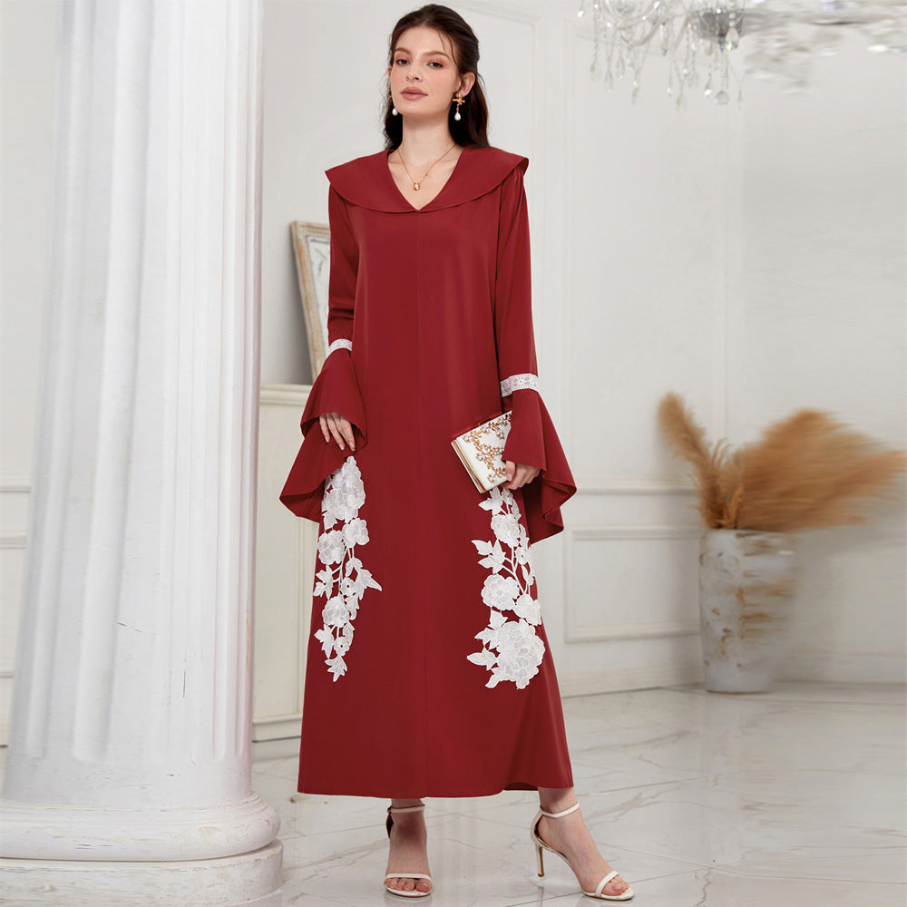 Women's V-neck Flared Sleeves Embroidered Robe Dress