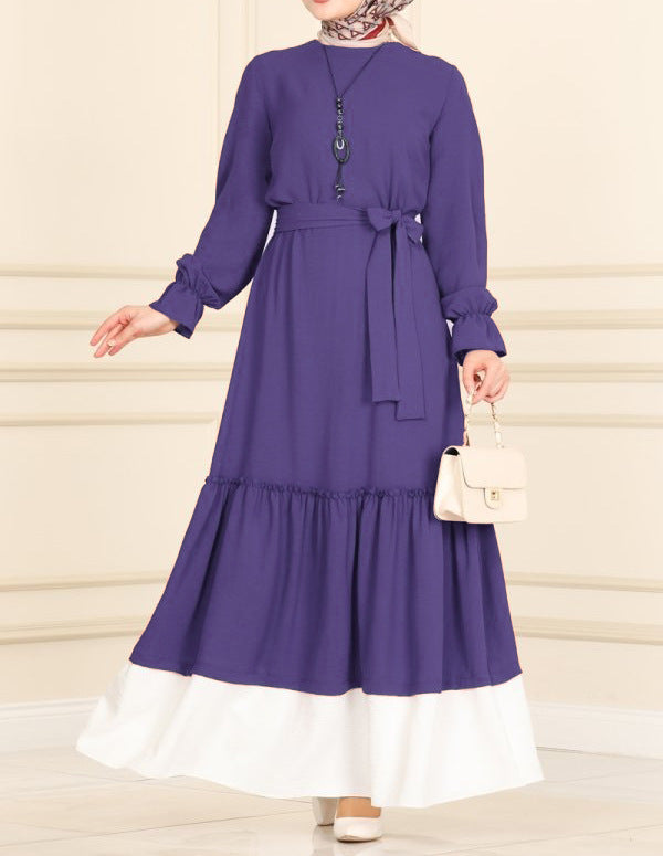 Color-blocked Fungus-trimmed Waist-cinching Lace-up Dress