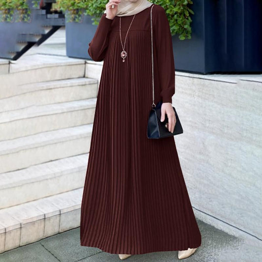 Women's Solid Color Crew Neck Long Sleeve Pleated Dress