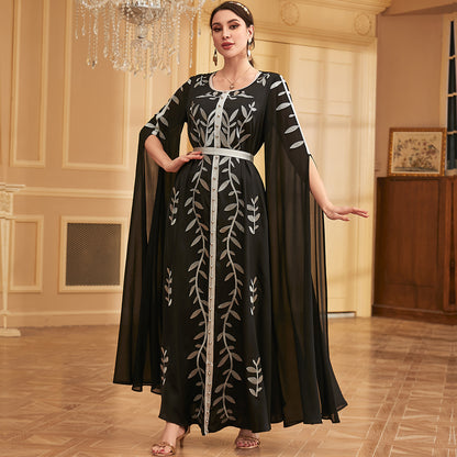 Embroidered Beaded Panel Dress with Large Swing Sleeves